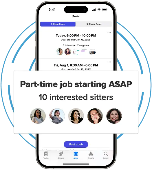 Phone mockup: Part-time job starting ASAP, 10 interested sitters